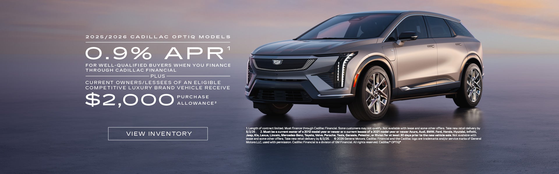 2025 and 2026 Cadillac OPTIQ. 0.9% APR plus $2,000 purchase allowance.